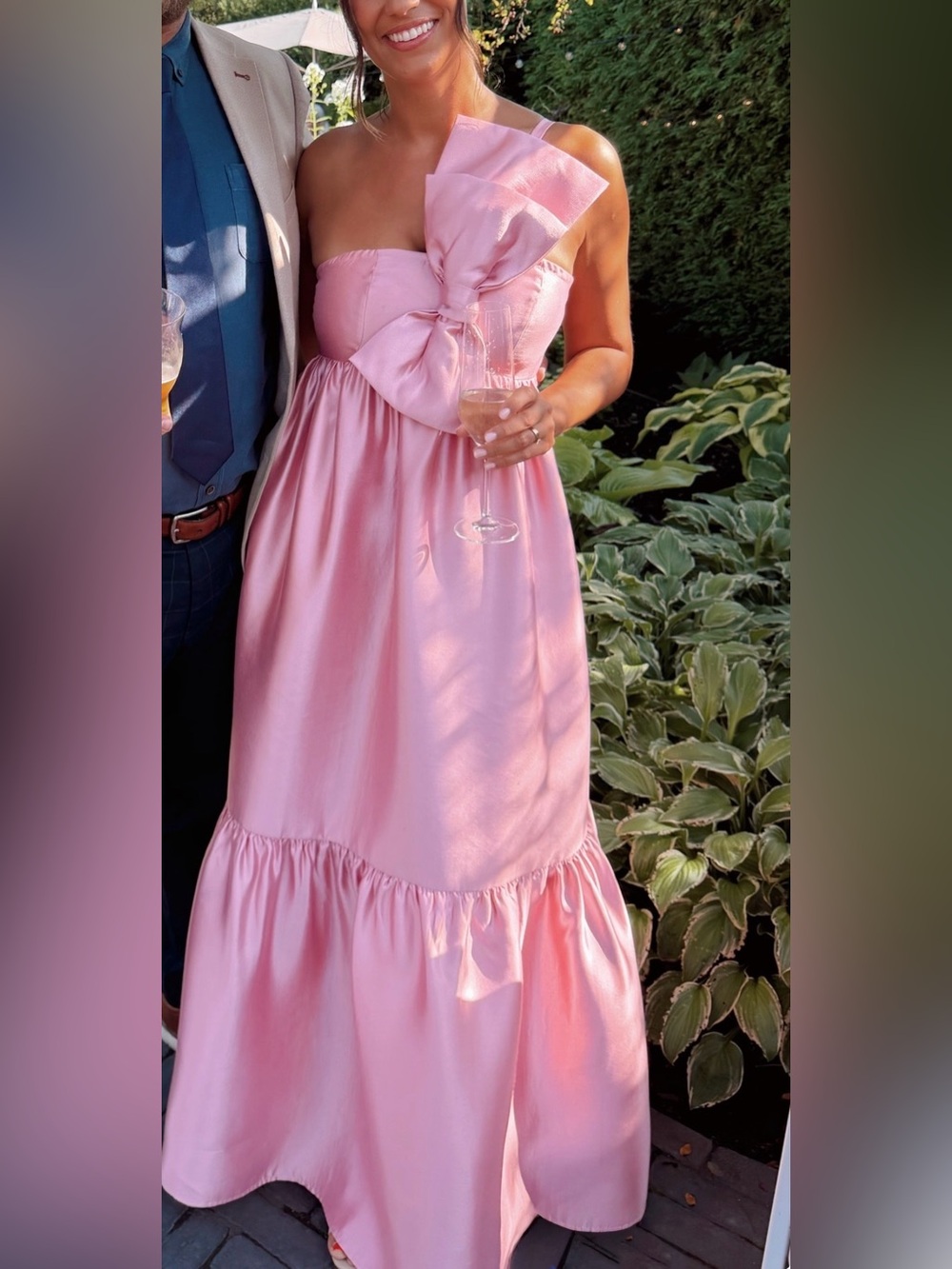 Petal & Pup Pink Satin One-Shoulder Bow Dress